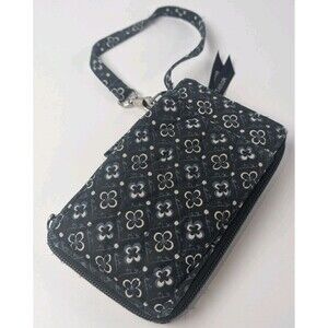 Bella Taylor Quilted Wristlet Wallet Navy Floral Cotton Zipper Snap 6x3.5